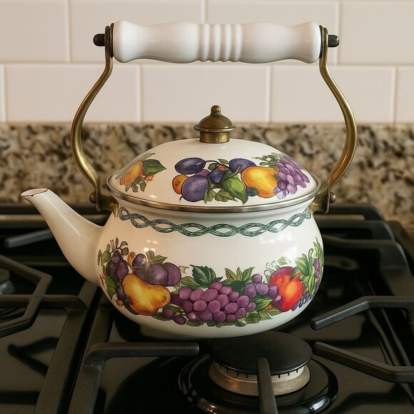 Vintage Cornucopia Fruit Enamel Teapot Ceramic Handle Farmhouse Kitchen Decor - Picture 1 of 6